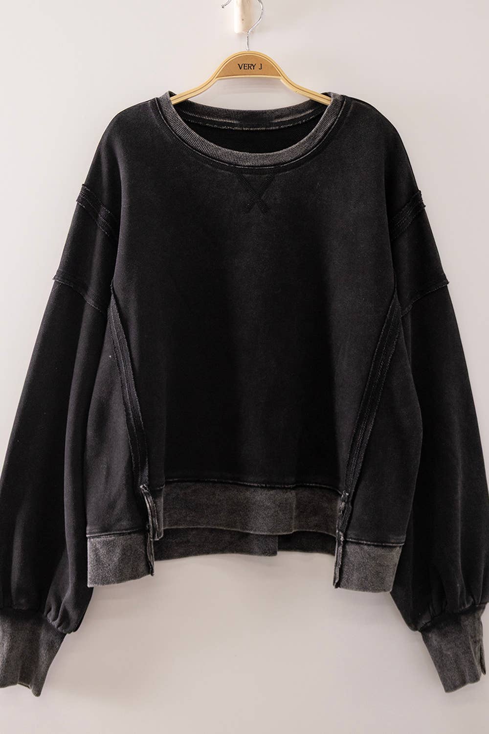 VERY J - NT12764X-PLUS SIZE Vintage Washed Sweatshirt: BLACK / 1XL-2XL-3XL/3-2-1