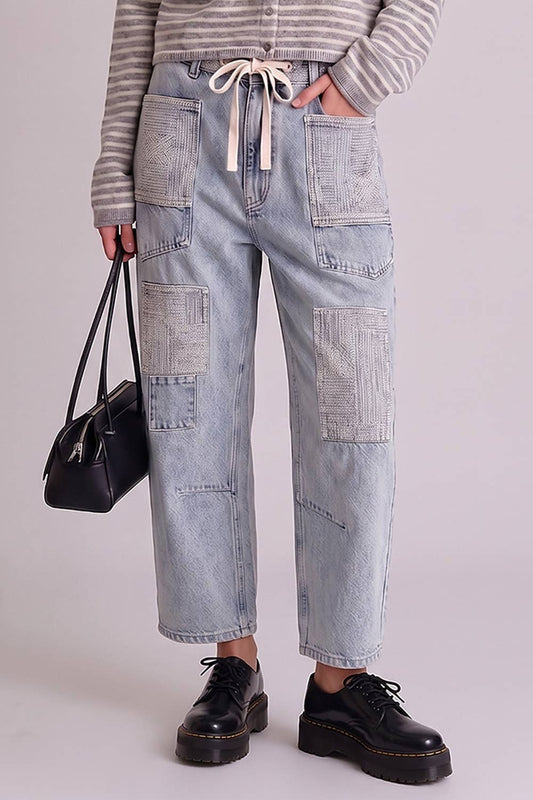 Patch Denim Barrel Jeans: LT INDIGO