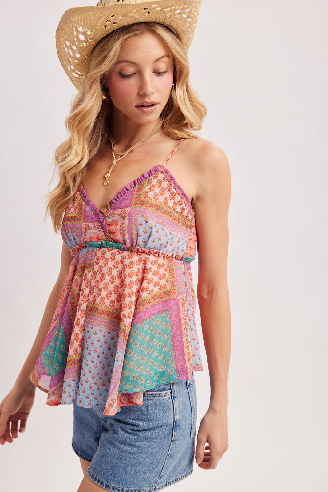 Bluivy - BOHO PATCHWORK PRINTE V-NECK TANK TOP: BLUE COMBO / L