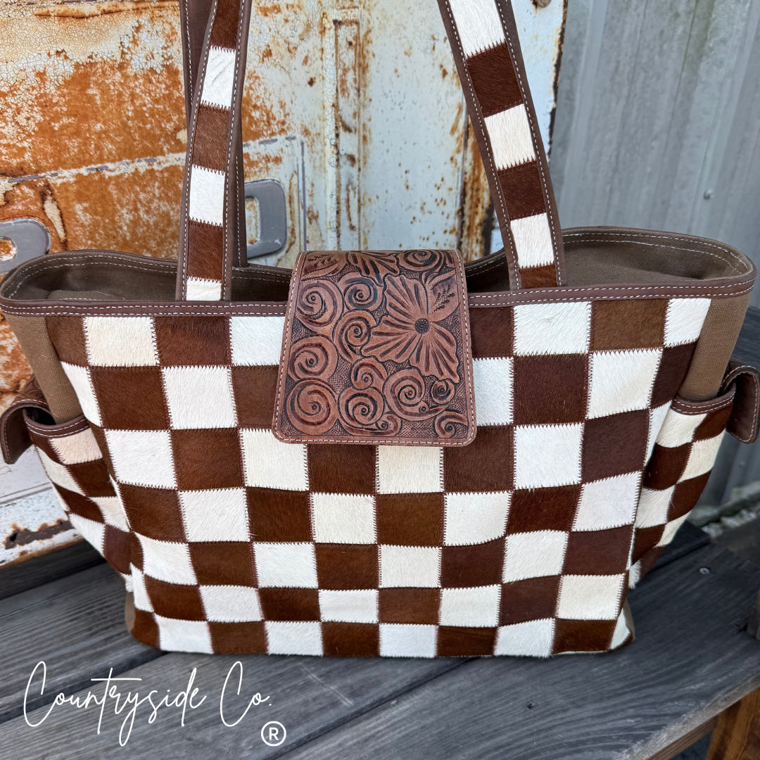 Countryside Co. - The Homestead Cowhide Checkered Tote Carryall: Black