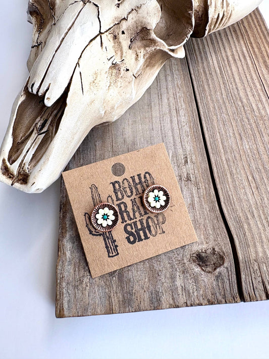 Western Flower Round Stud Earrings: TURQUOISE