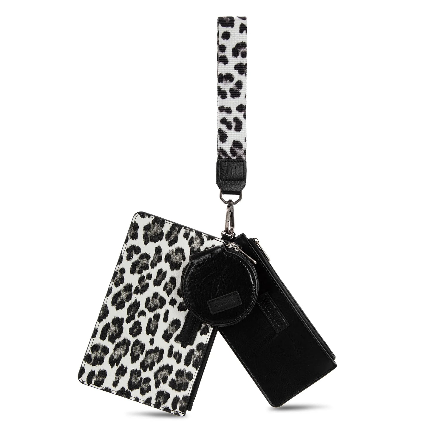 WG366-W114 Wrangler Leopard Print Dual Pouch Wristlet with Zipper Round Case- Black
