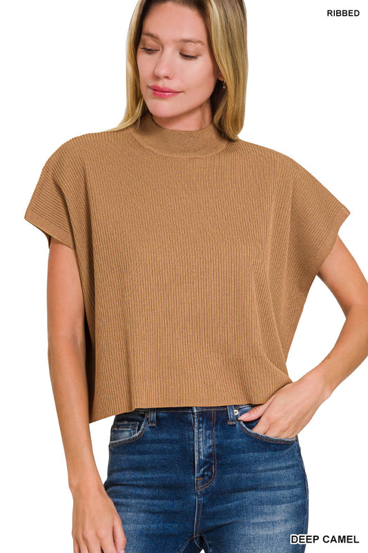 Viscose Mock Neck Short Sleeve Boxy Sweater