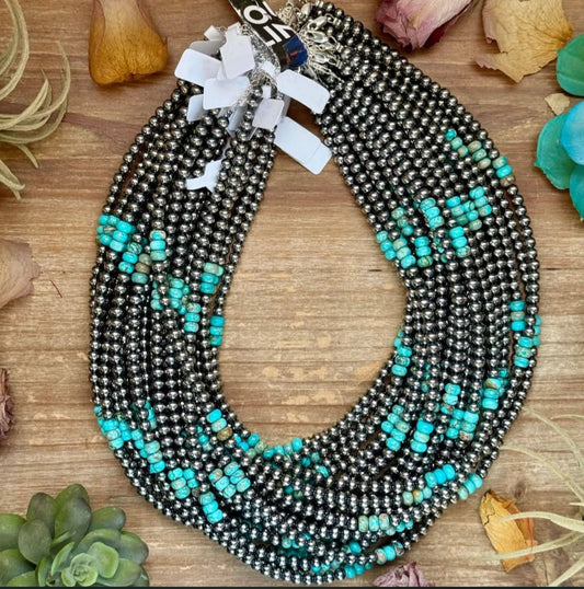 SS Pearl + Blue Turquoise Necklace 19” NEC-STE-065-MEX