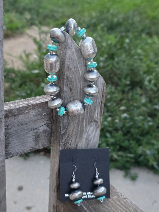 Native American Turquoise Navajo Pearl Necklace, Earrings + Bracelet