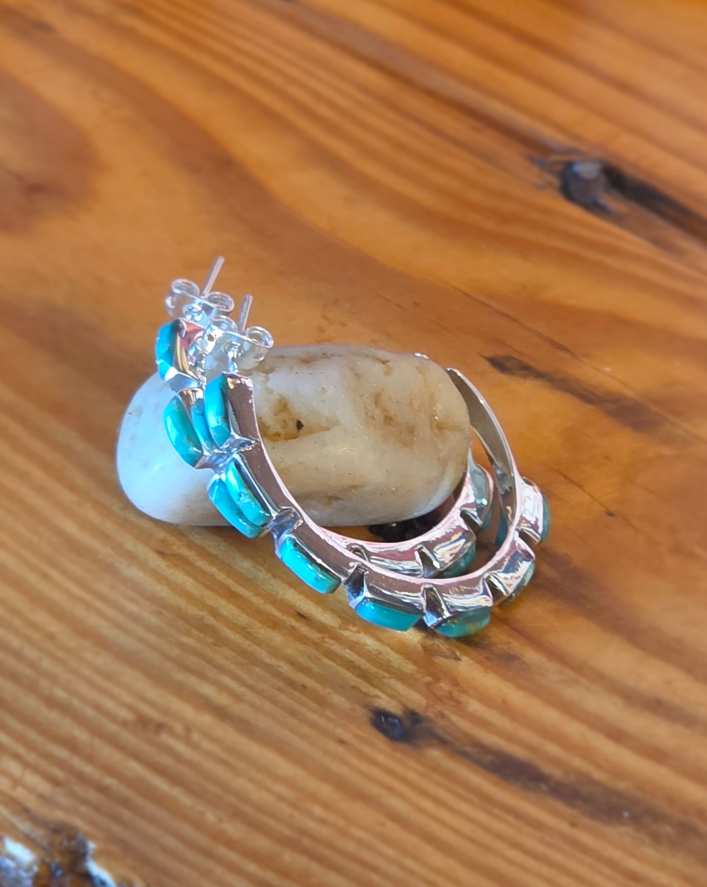 Turquoise Chicklet Hoop Post Earrings - T1462