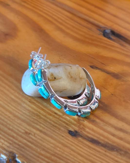 Turquoise Chicklet Hoop Post Earrings - T1462