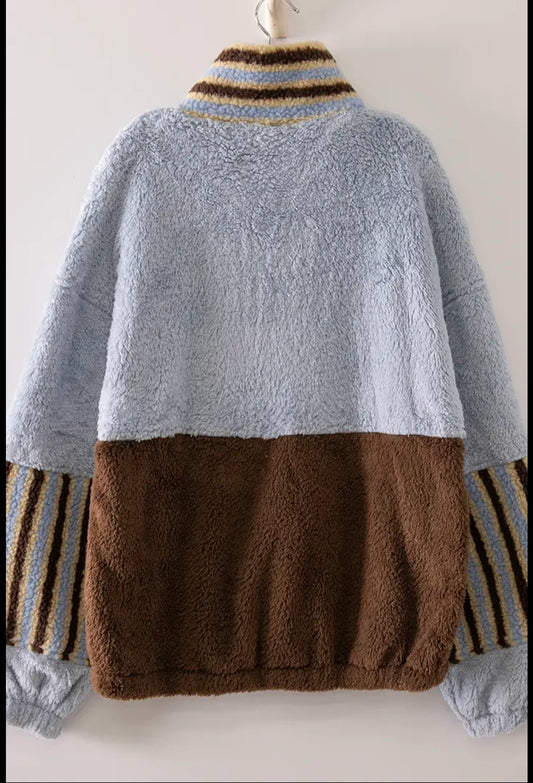 Blue Color Block Sherpa Pullover