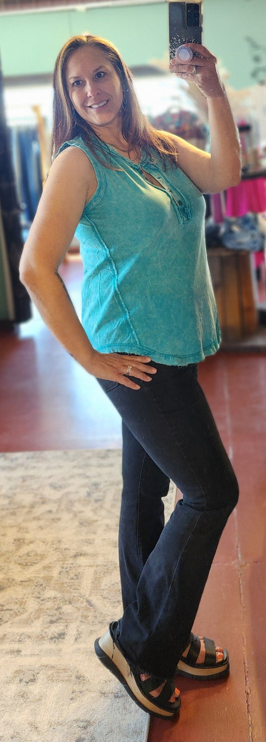 Summer Washed Button Raw Hem Henley Tank