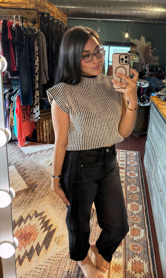Black Two Tone Ribbed Knit Sweater Vest