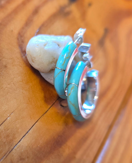 Turquoise Inlay Hoop Earrings - T145