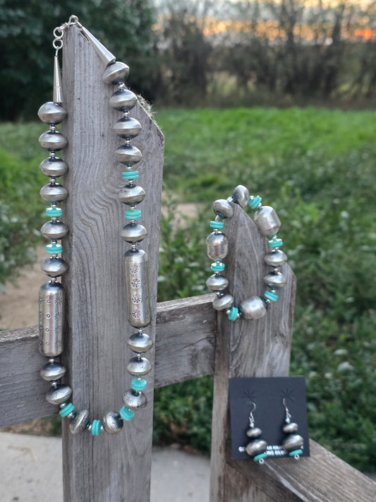 Native American Turquoise Navajo Pearl Necklace, Earrings + Bracelet