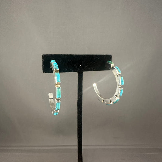 Turquoise Chicklet Hoop Post Earrings - T1462