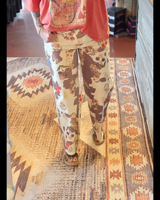 COW FLORAL PRINT WASHED STRETCH TWILL PANTS