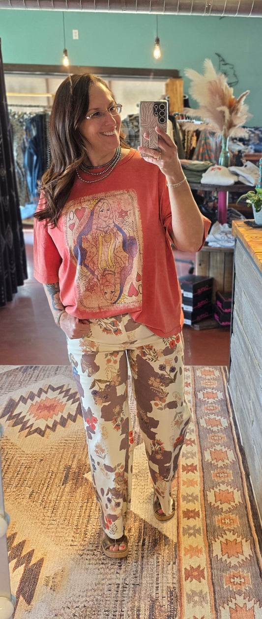 COW FLORAL PRINT WASHED STRETCH TWILL PANTS