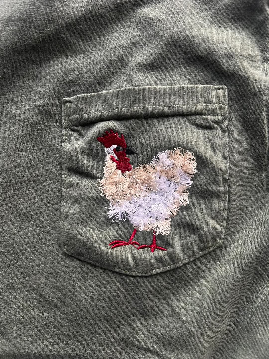 Mother Clucker Embroidered Fuzzy Chicken Pocket Comfort Color Tee