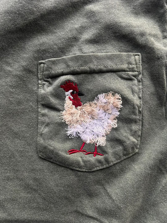 Mother Clucker Embroidered Fuzzy Chicken Pocket Comfort Color Tee