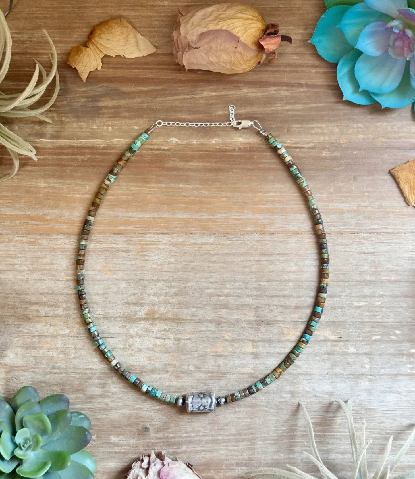 Green Turquoise + SS Barrel Bead 15” NEC-TUR-166-BAR