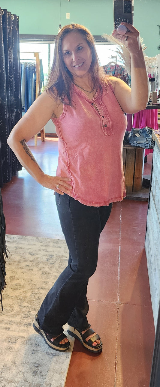 Summer Washed Button Raw Hem Henley Tank