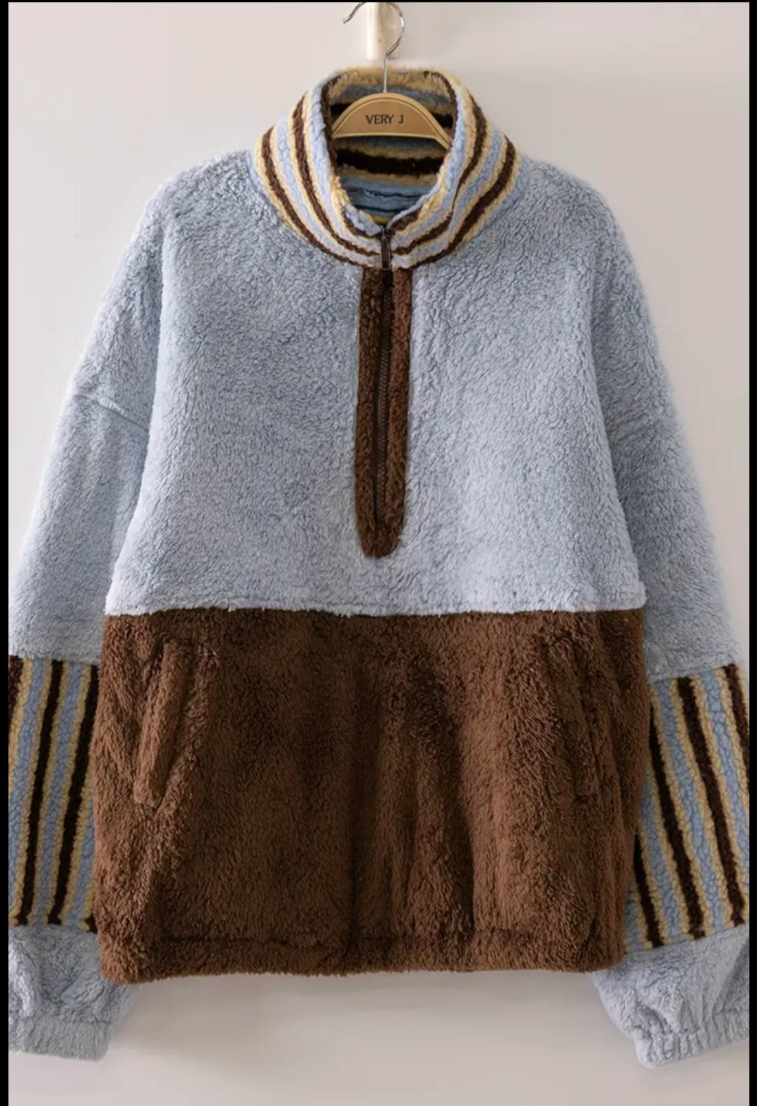 Blue Color Block Sherpa Pullover