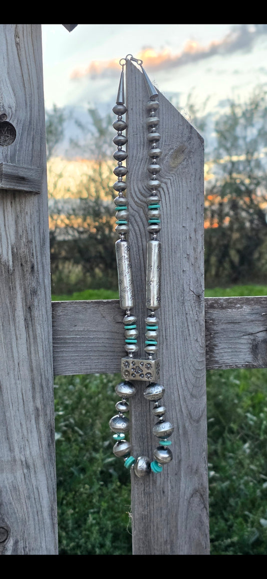 Native American Turquoise Navajo Pearls Lariat Necklace + Earrings