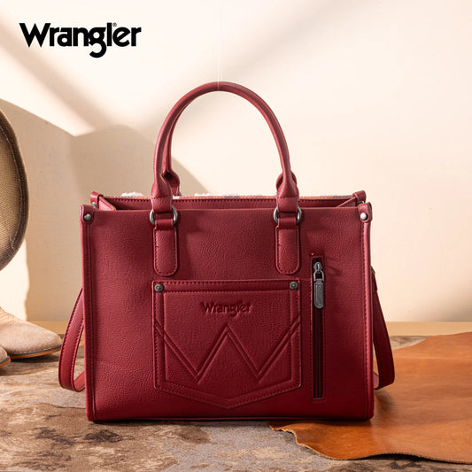 Wrangler Sherpa Aztec Canvas Tote/Crossbody - Burgundy