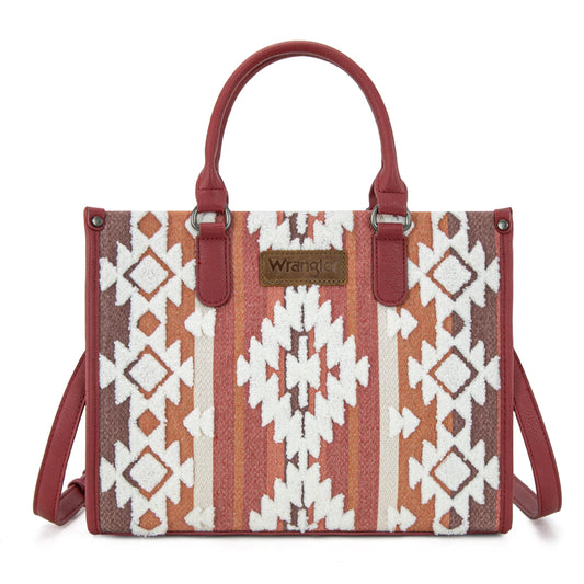 Wrangler Sherpa Aztec Canvas Tote/Crossbody - Burgundy