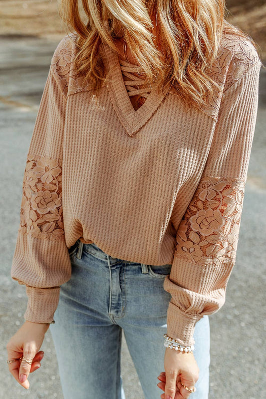 Waffle Patchwork Strappy V Neck Long Sleeve Top