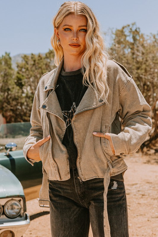 Plus Washed Corduroy Biker Jacket