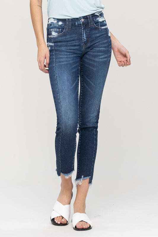 Maren Mid Rise Distressed Uneven Frayed Hem Crop Skinny